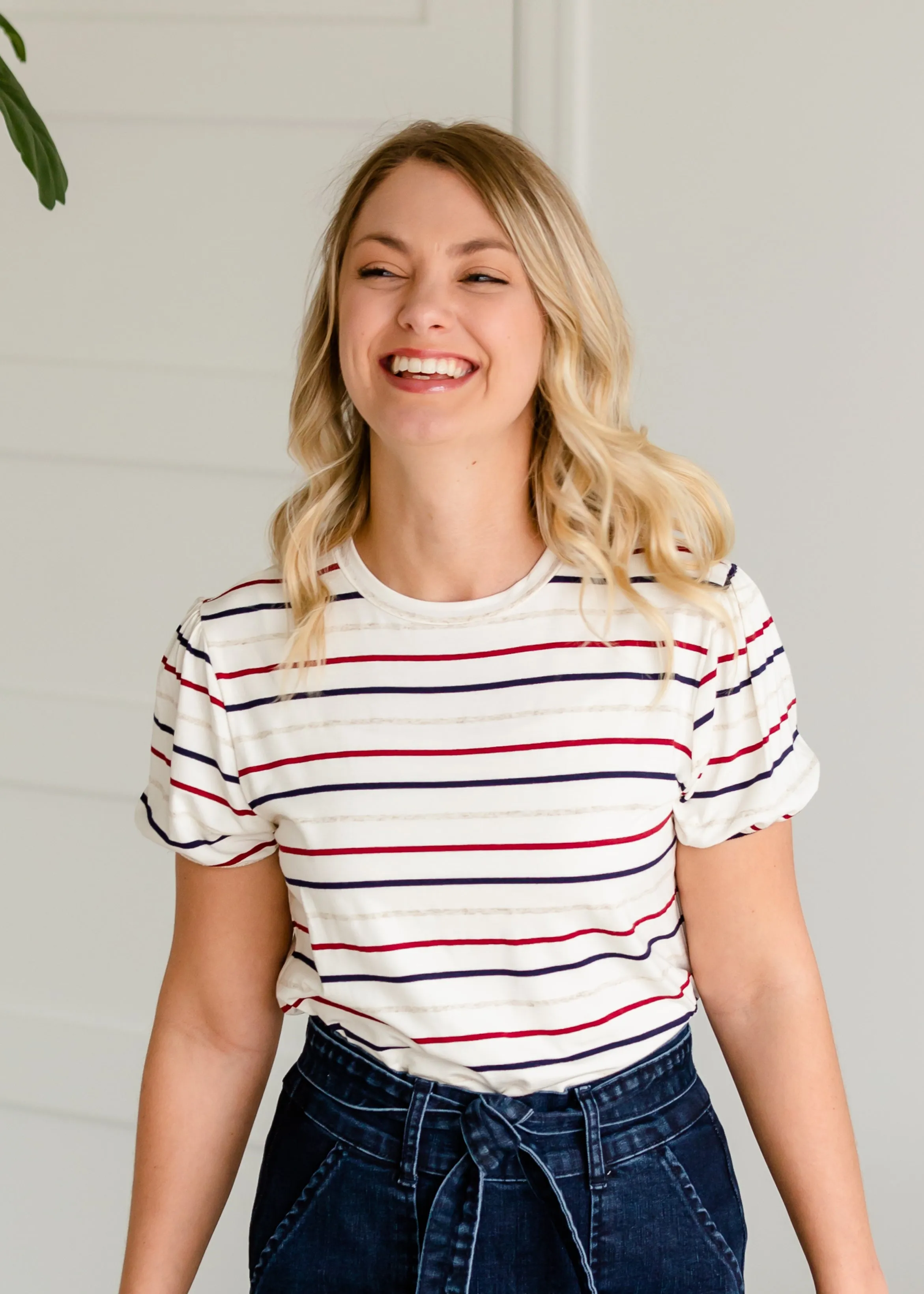 Pencil Striped Short Balloon Sleeve Tee - FINAL SALE