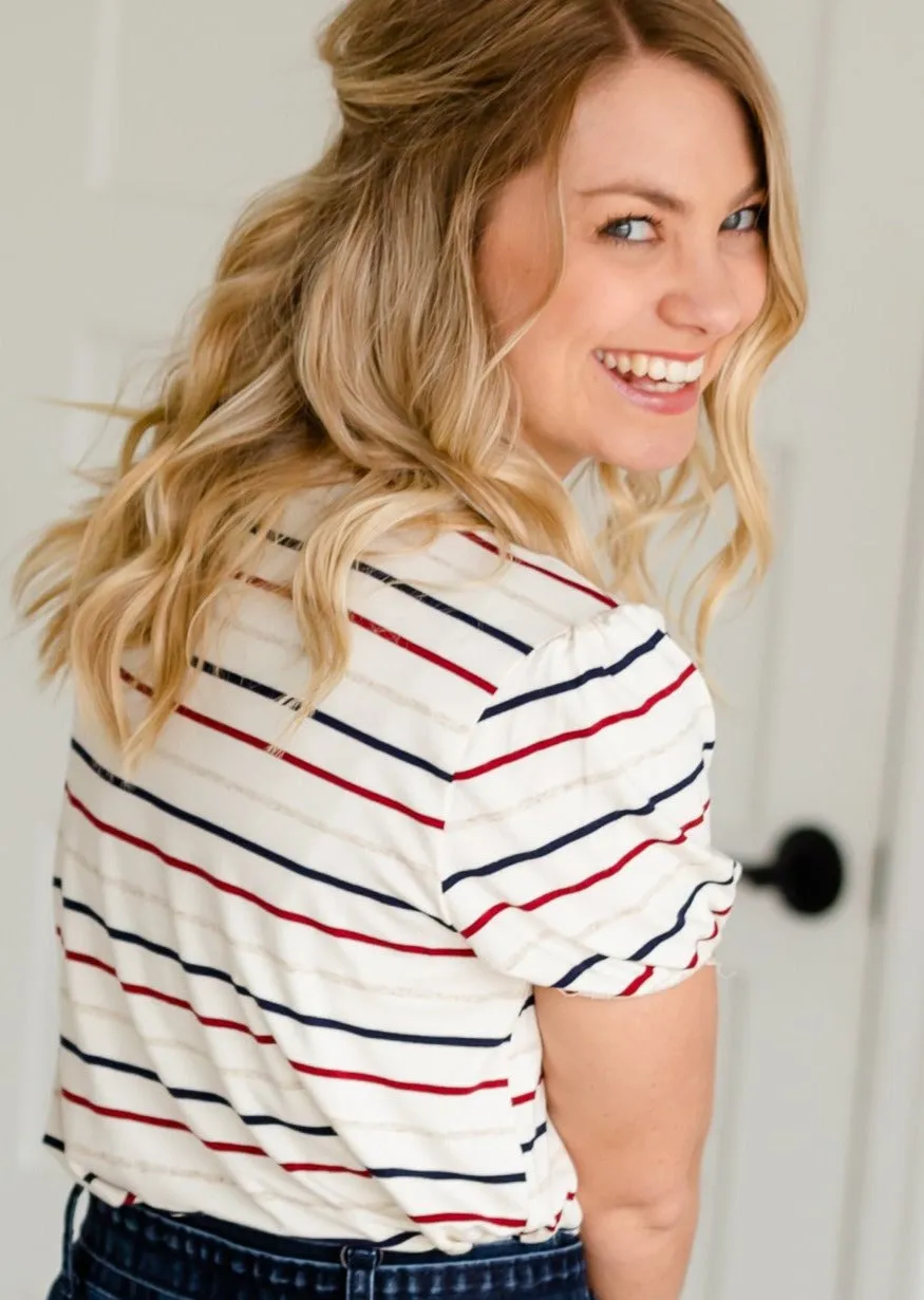 Pencil Striped Short Balloon Sleeve Tee - FINAL SALE