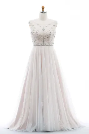 Plus Size Beaded Illusion Neck Stunning Nude Pink Wedding Dress