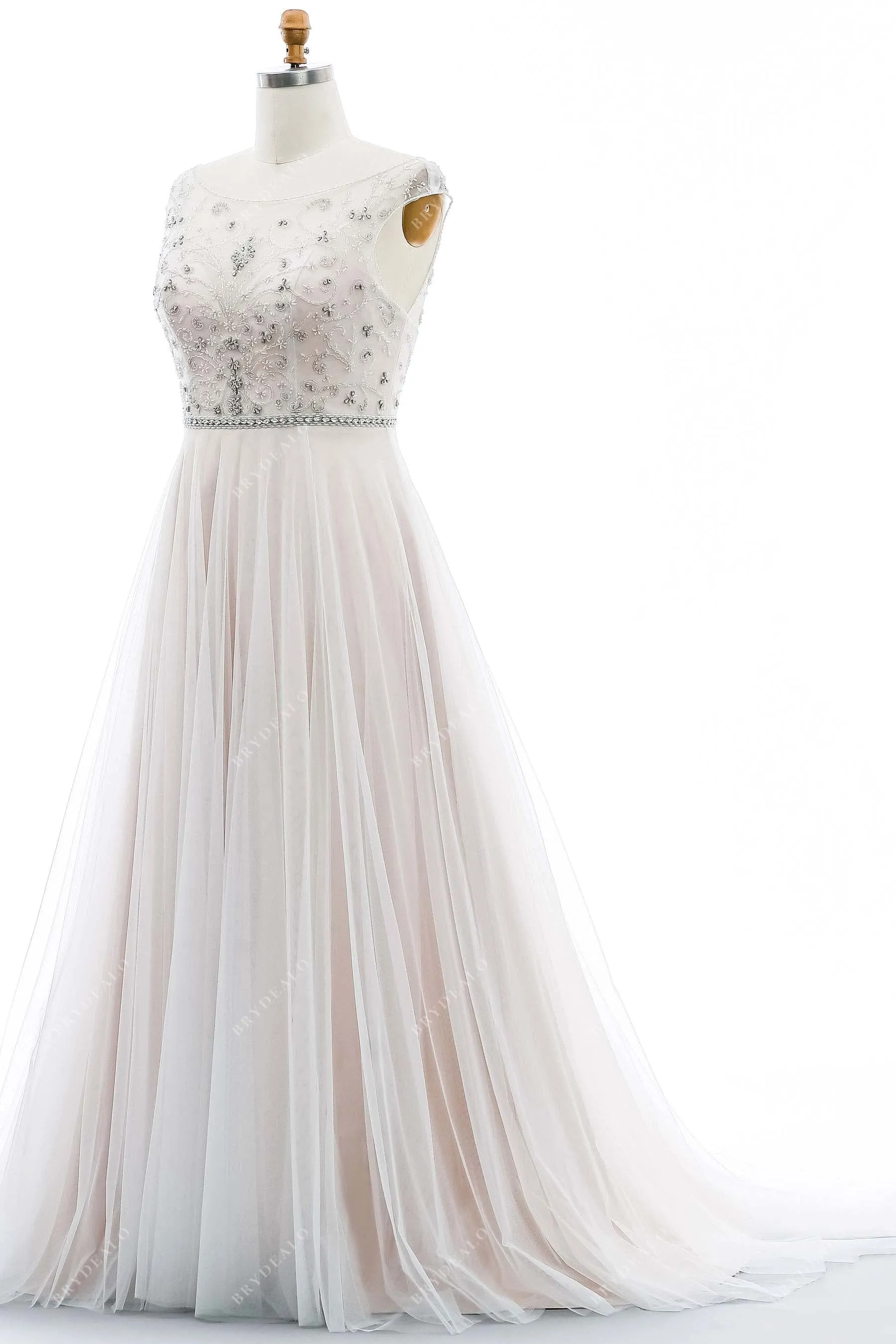 Plus Size Beaded Illusion Neck Stunning Nude Pink Wedding Dress