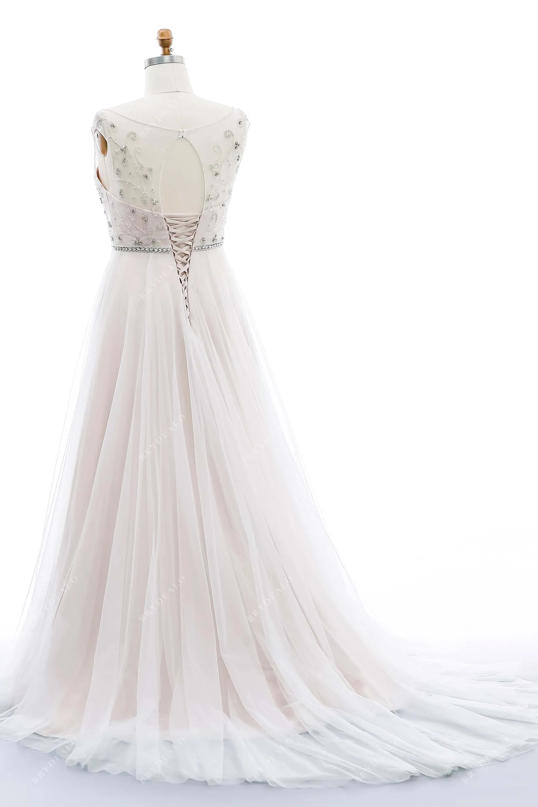 Plus Size Beaded Illusion Neck Stunning Nude Pink Wedding Dress