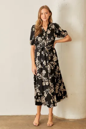 Polagram Two Toned Floral Print Maxi Dress in Black Multi