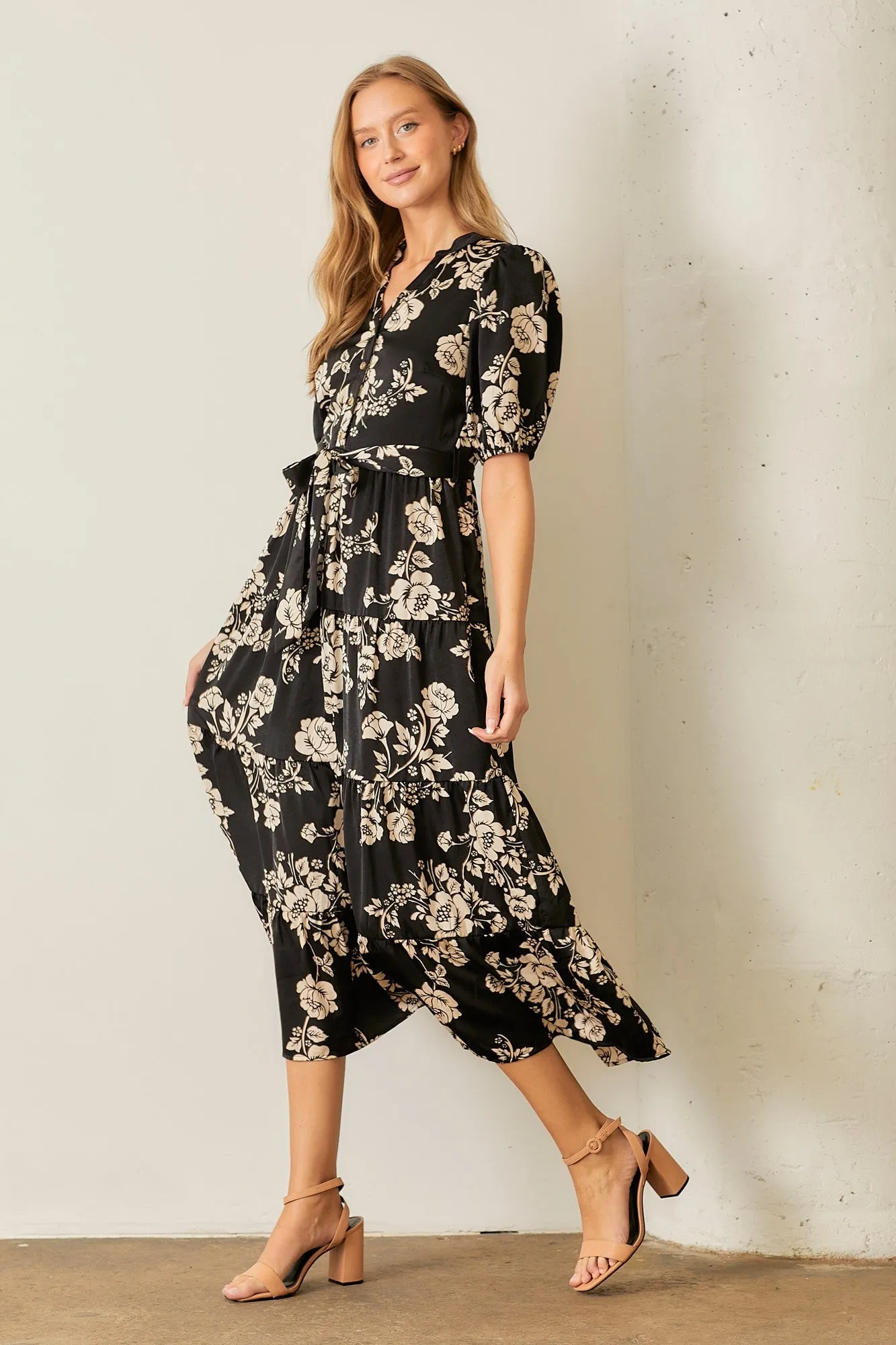 Polagram Two Toned Floral Print Maxi Dress in Black Multi