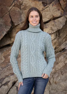 Polo Neck Aran Sweater | Sage Marl