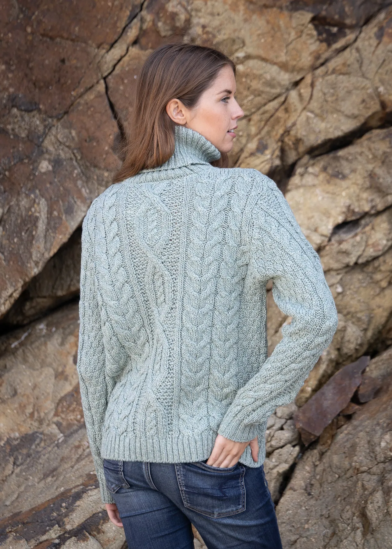 Polo Neck Aran Sweater | Sage Marl