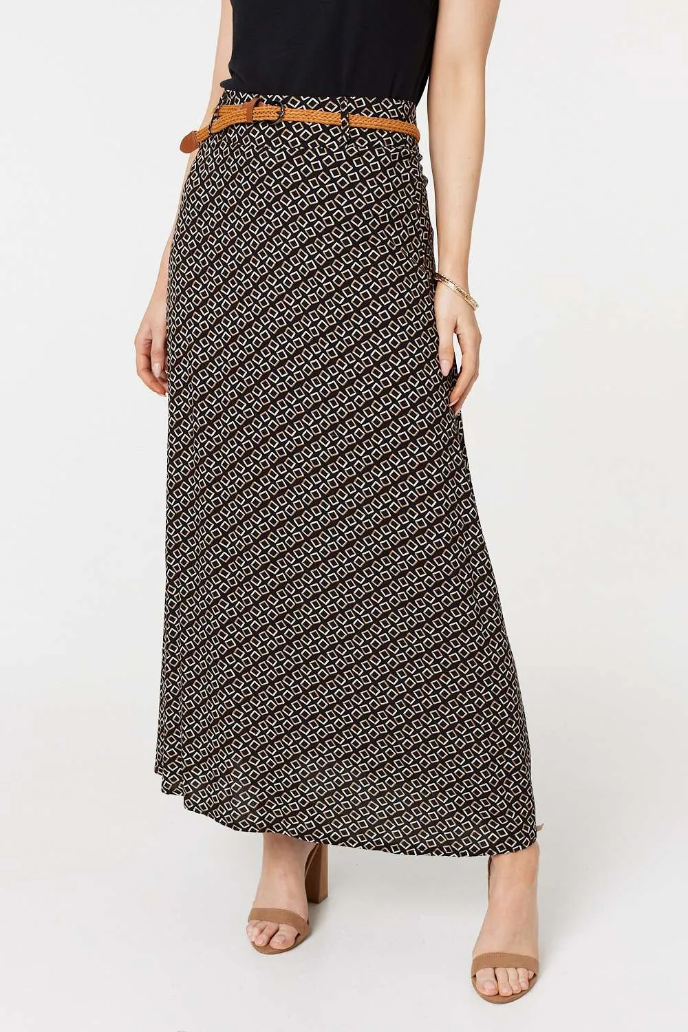 Printed A-Line Belt Maxi Skirt