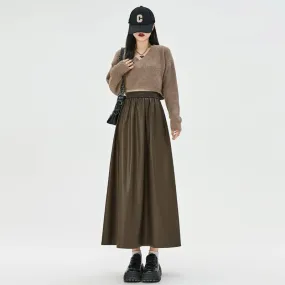 PU Elastic Waist Simple Loose Female Skirts New Casual Sexy Fashion Office Ladies Solid Color Chic Women's Skirts Black