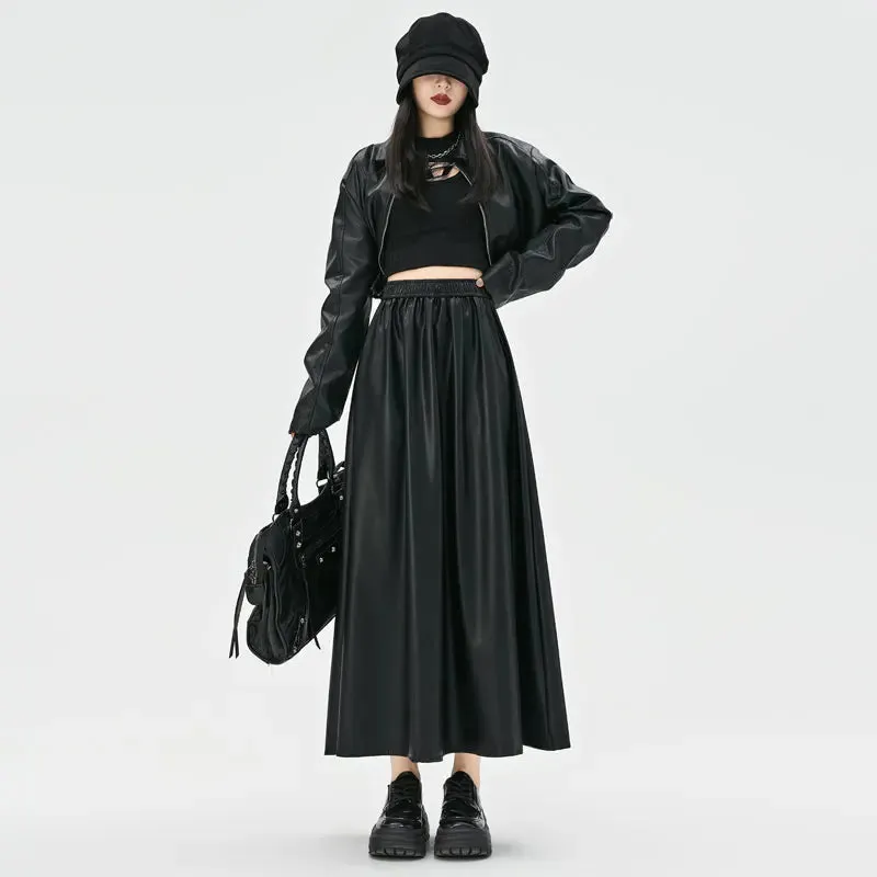 PU Elastic Waist Simple Loose Female Skirts New Casual Sexy Fashion Office Ladies Solid Color Chic Women's Skirts Black