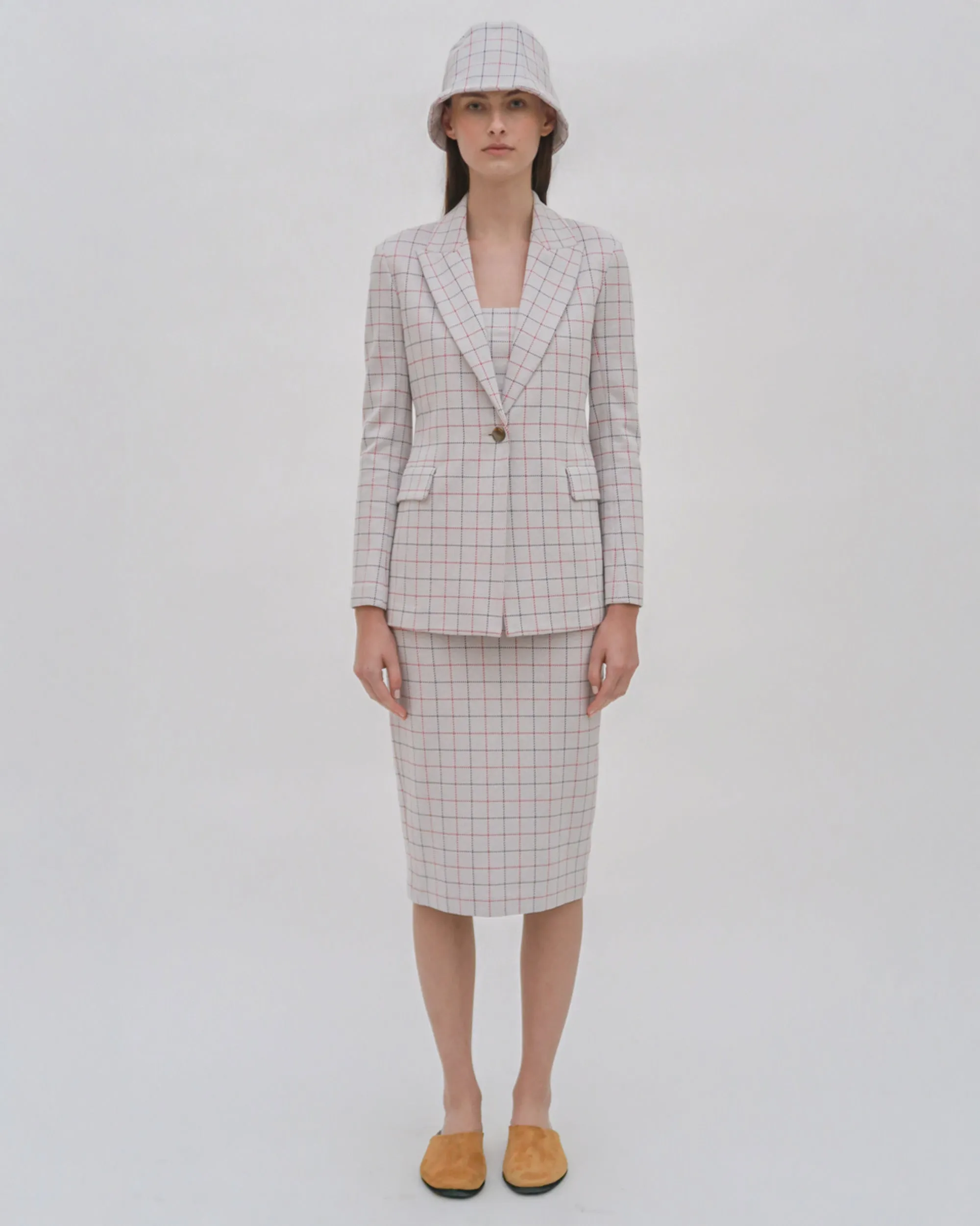 PULL ON PENCIL SKIRT - STRIPED WINDOWPANE