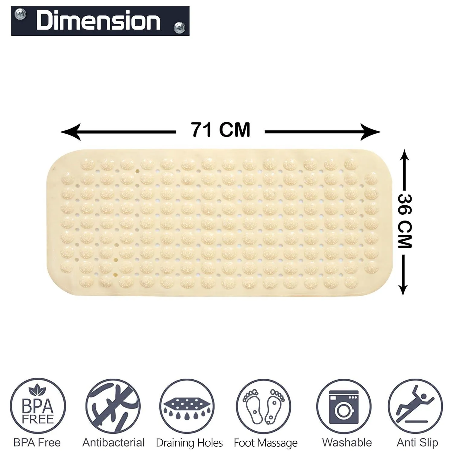 PVC Shower Mat Anti-Slip with Massage Acupressure Points, 36x71 cm, Beige