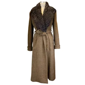 Ralph Lauren Collection Brown Lamb Shearling Collar Wool Tweed Coat with belt