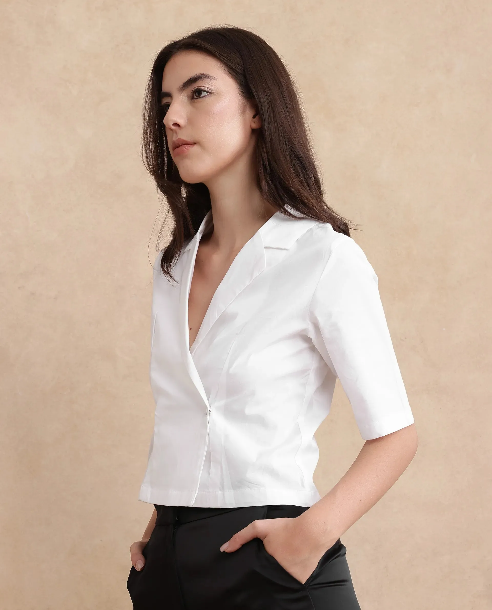 Rareism Women Seui White Short Sleeve Lapel Neck Boxy Fit Cropped Plain Top