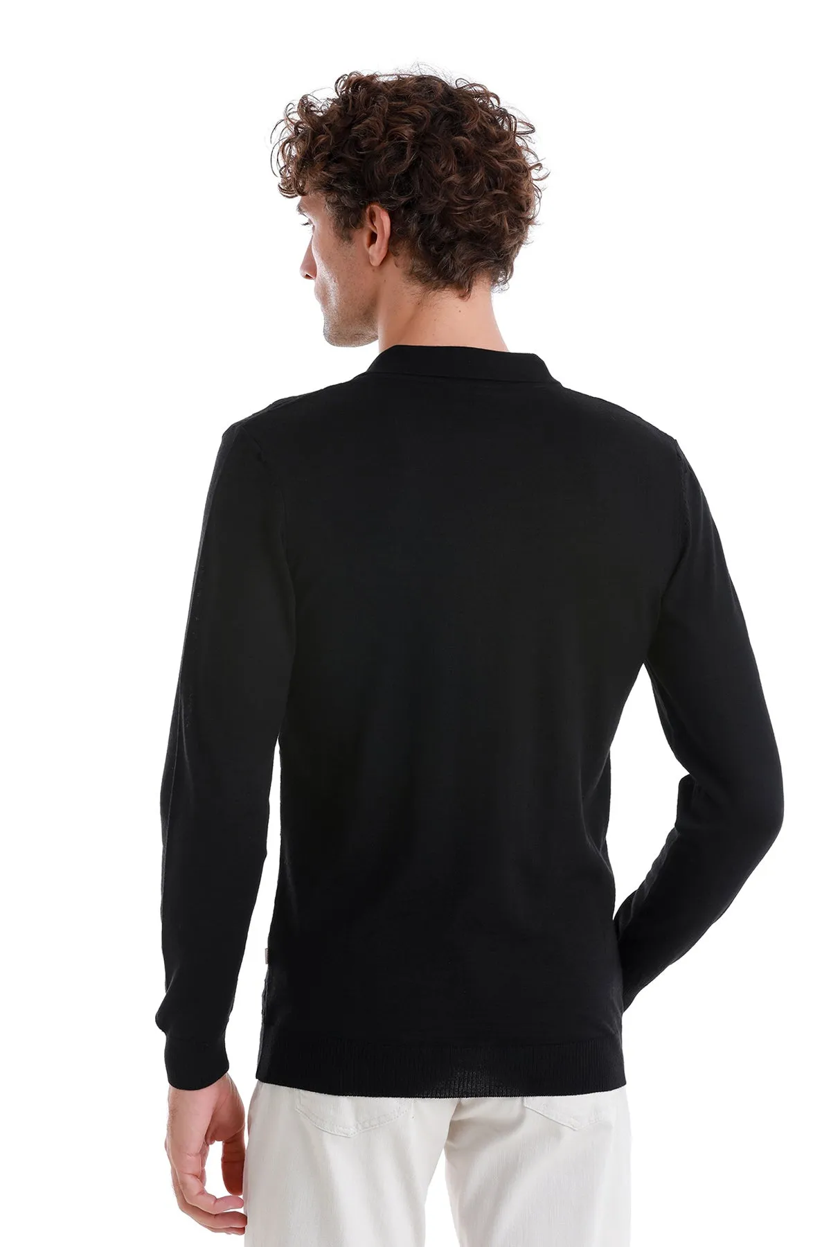 Regular Fit Black Wool Blend Jacquard Polo Sweater