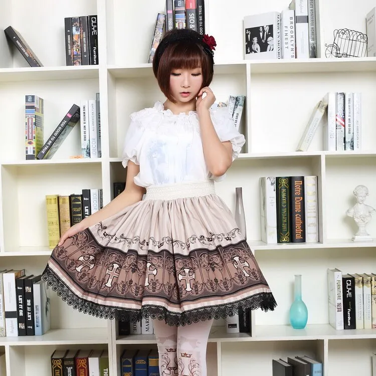 Retro Style Lady's Gothic Lolita Skirt Cross Printed Punk Short Skirt