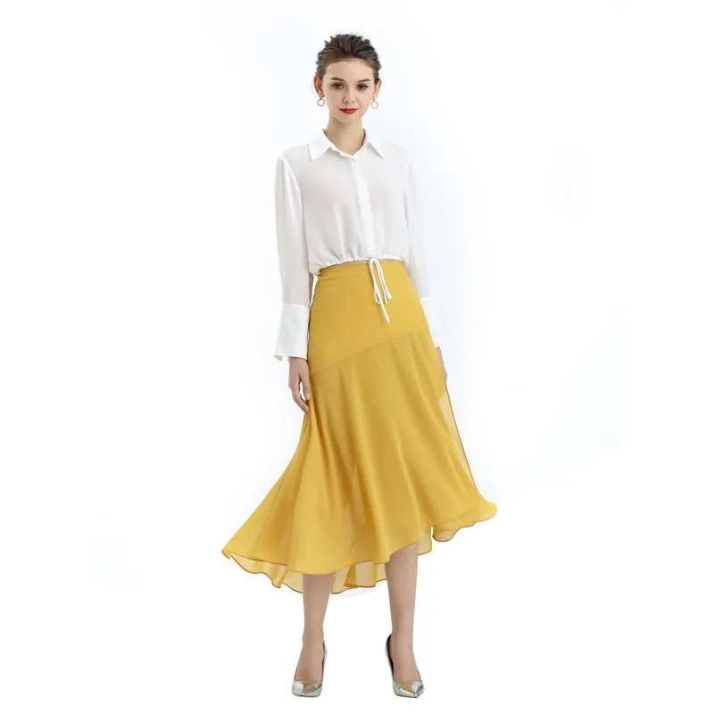 S070-3 Women solid wrap design panelled asymmetric casual midi skirt