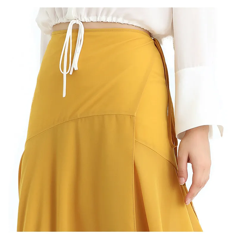 S070-3 Women solid wrap design panelled asymmetric casual midi skirt