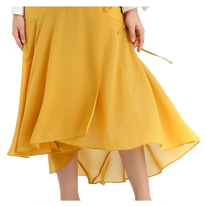 S070-3 Women solid wrap design panelled asymmetric casual midi skirt