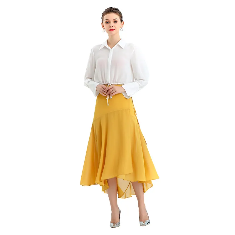 S070-3 Women solid wrap design panelled asymmetric casual midi skirt