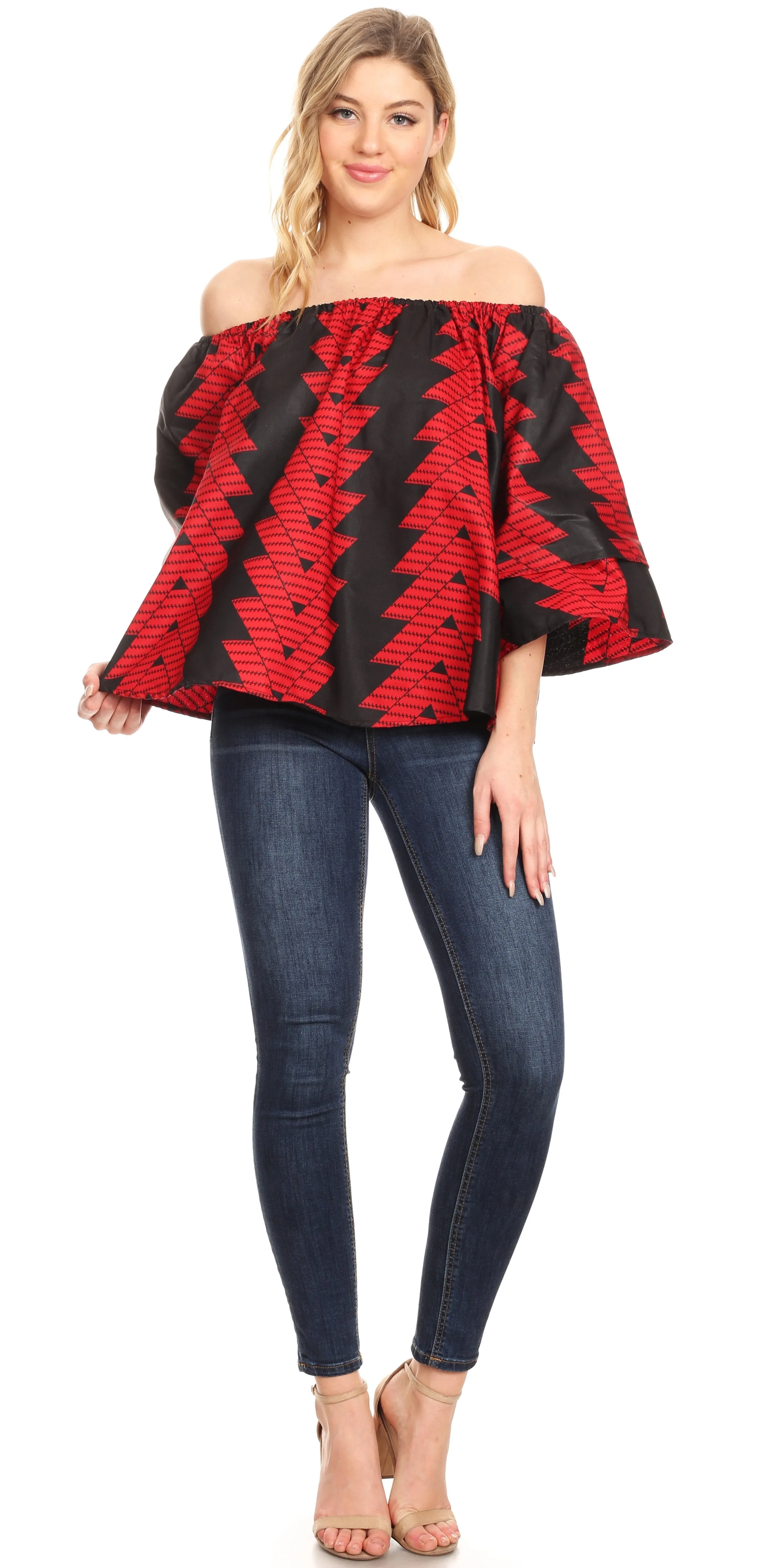 Sakkas Oni Women's Off the Shoulder African Ankara Wax Print Blouse Top Oversize