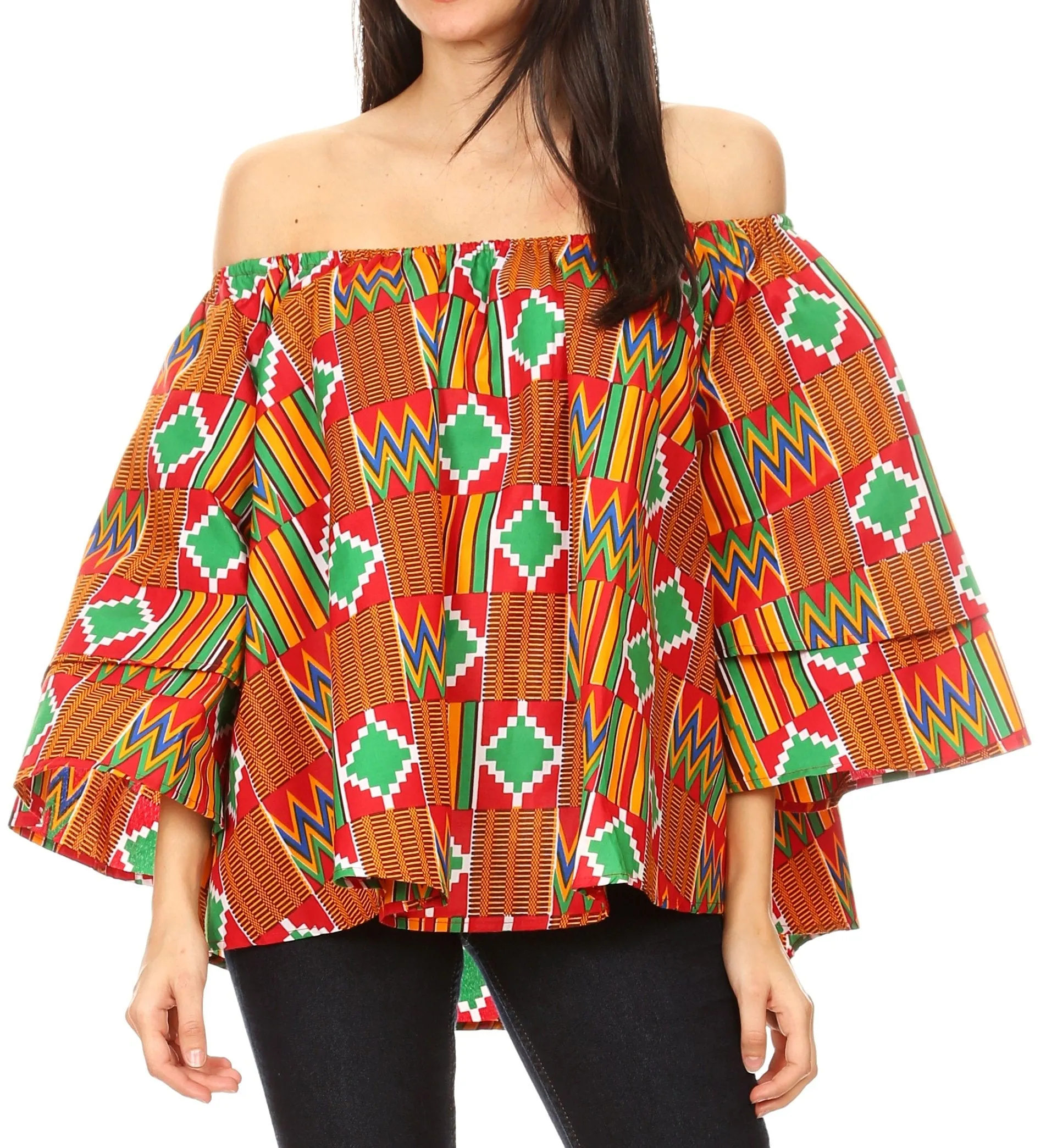 Sakkas Oni Women's Off the Shoulder African Ankara Wax Print Blouse Top Oversize