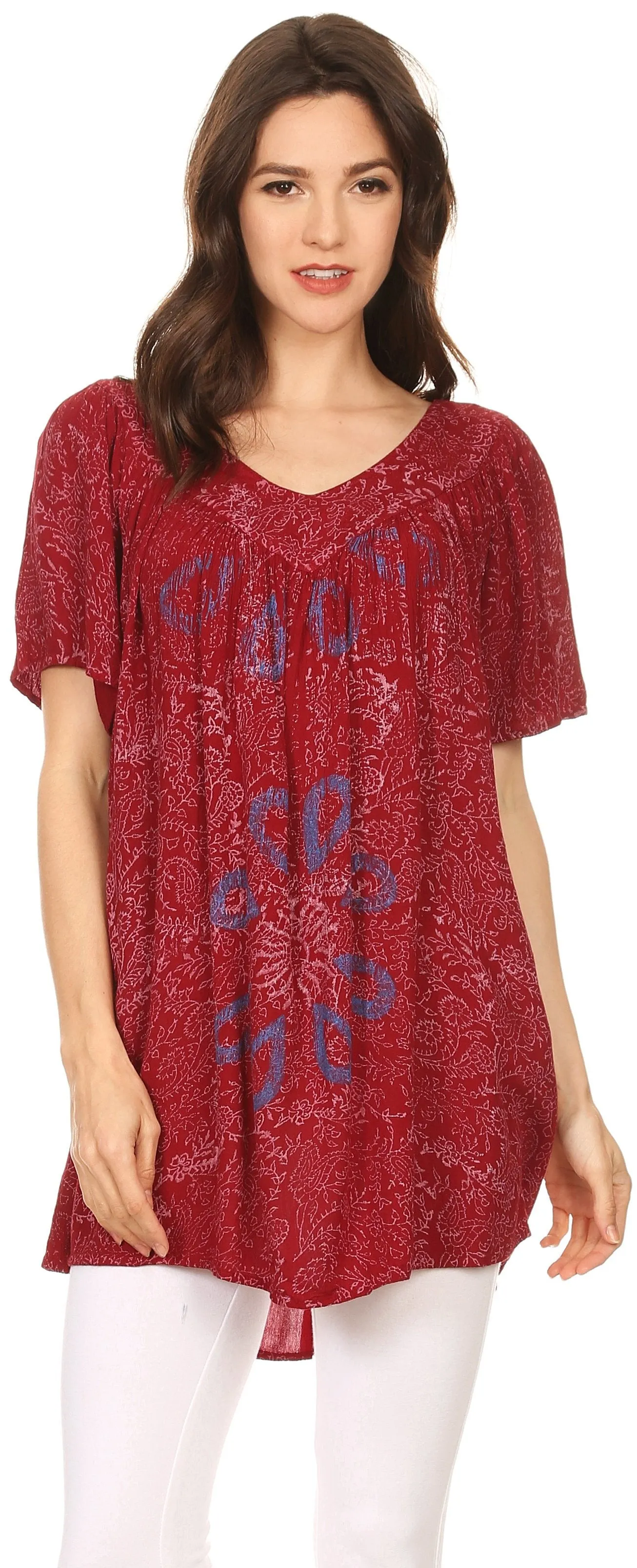 Sakkas Talulla Long V Neck Batik Floral Leaf Embroidered Printed Blouse Shirt Top