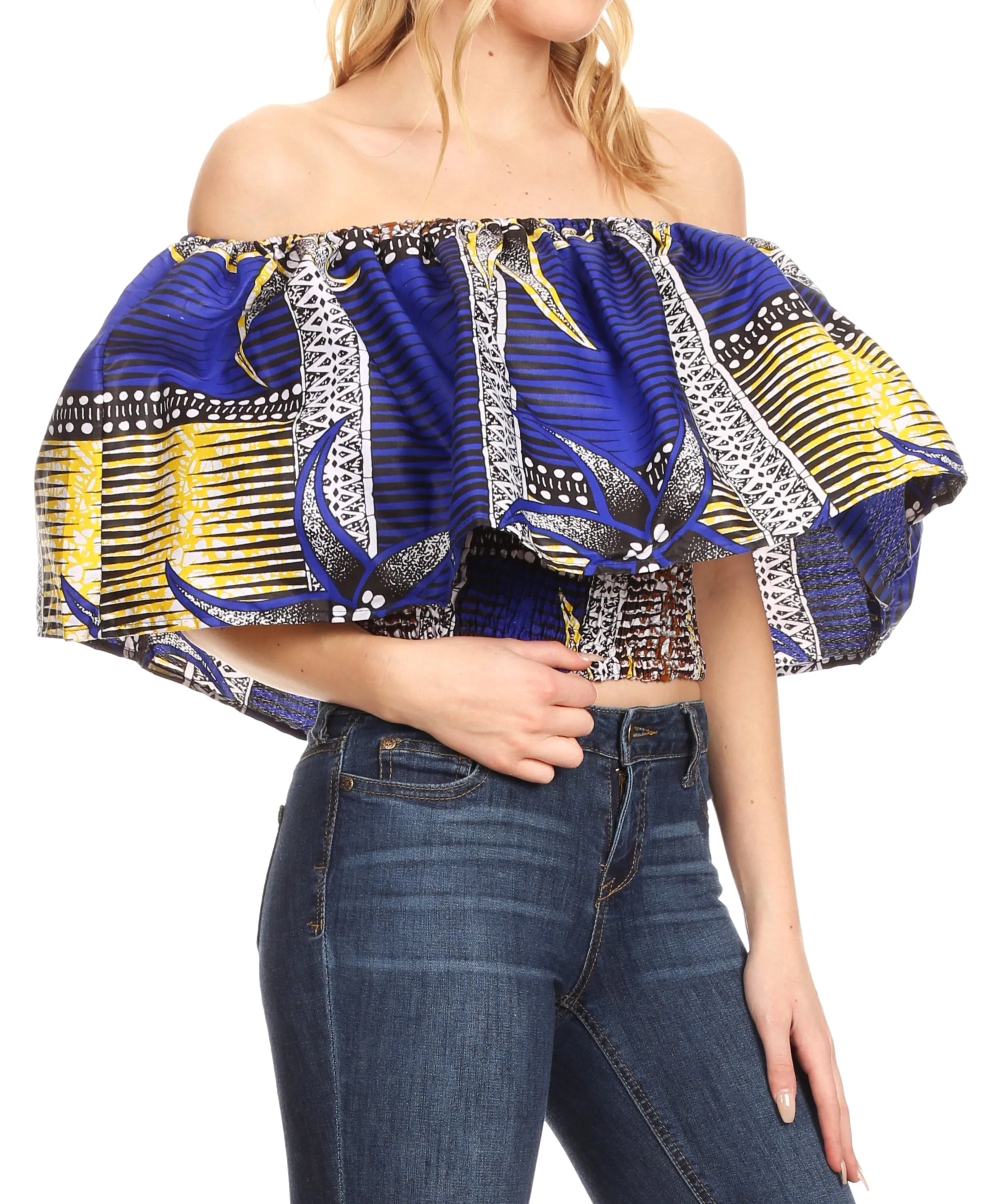 Sakkas Zola Women's Off Shoulder Pullover Blouse Top in African Ankara Wax Print