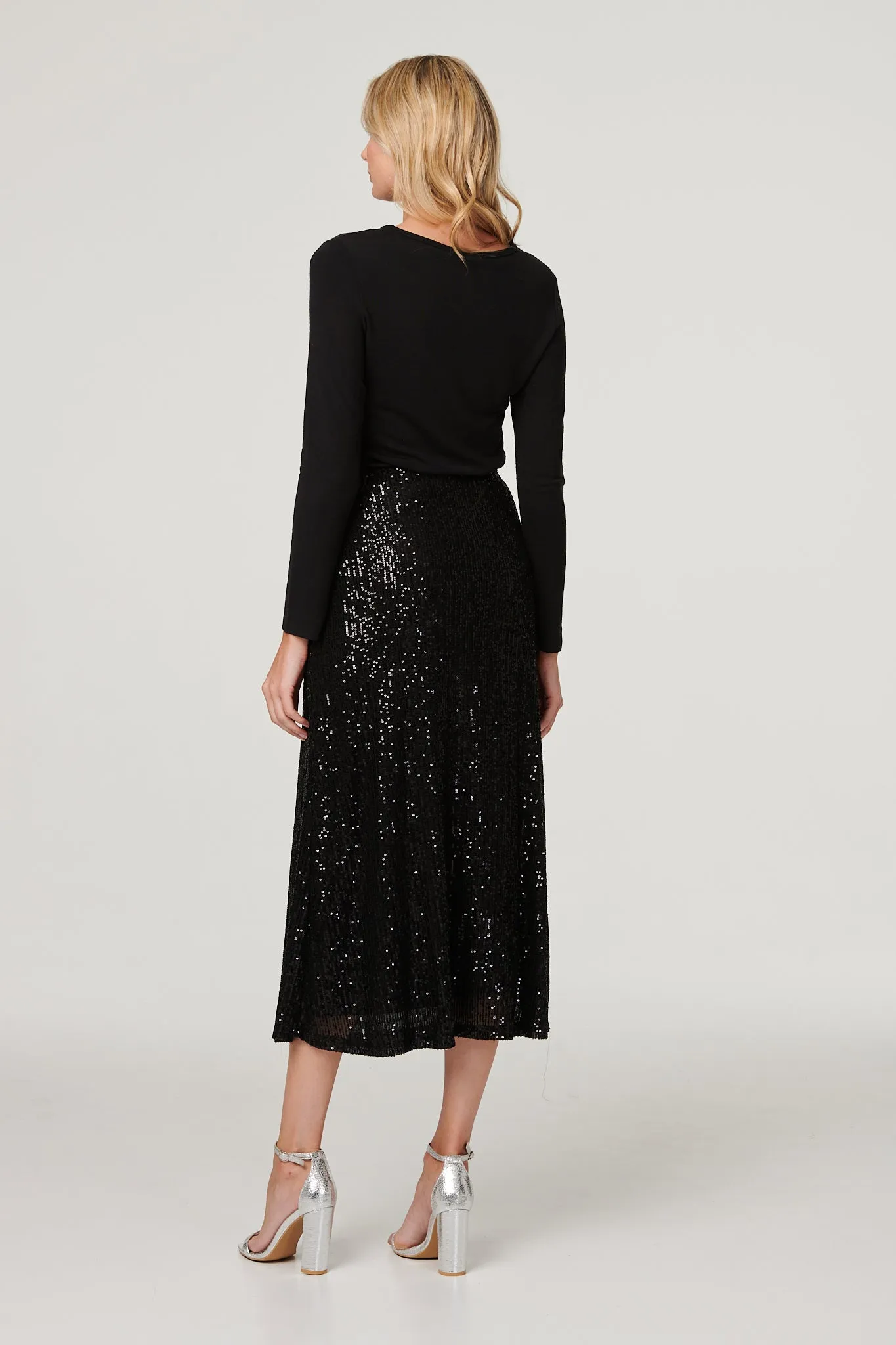 Sequin High Waist Semi Sheer Midi Skirt