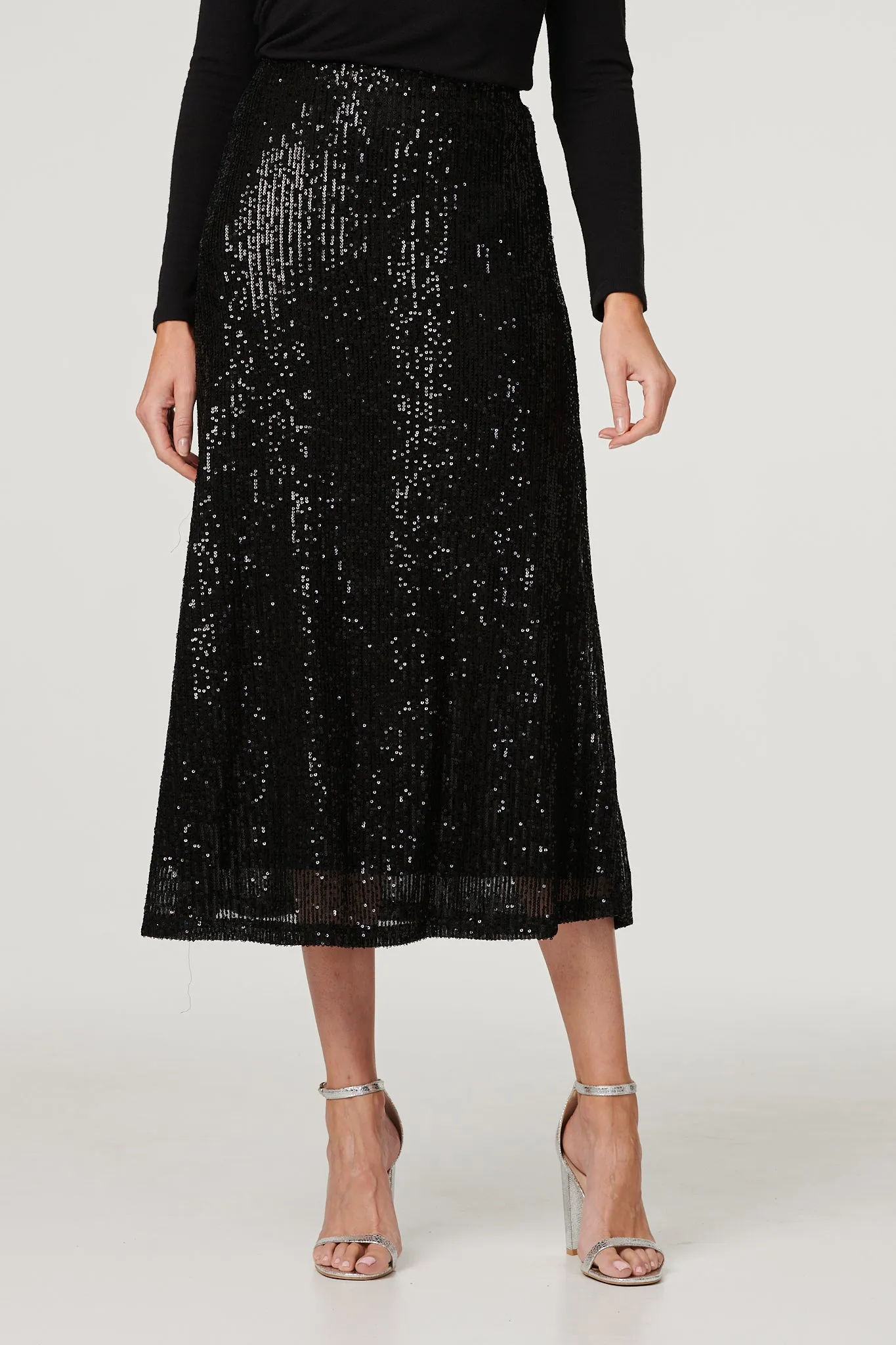 Sequin High Waist Semi Sheer Midi Skirt