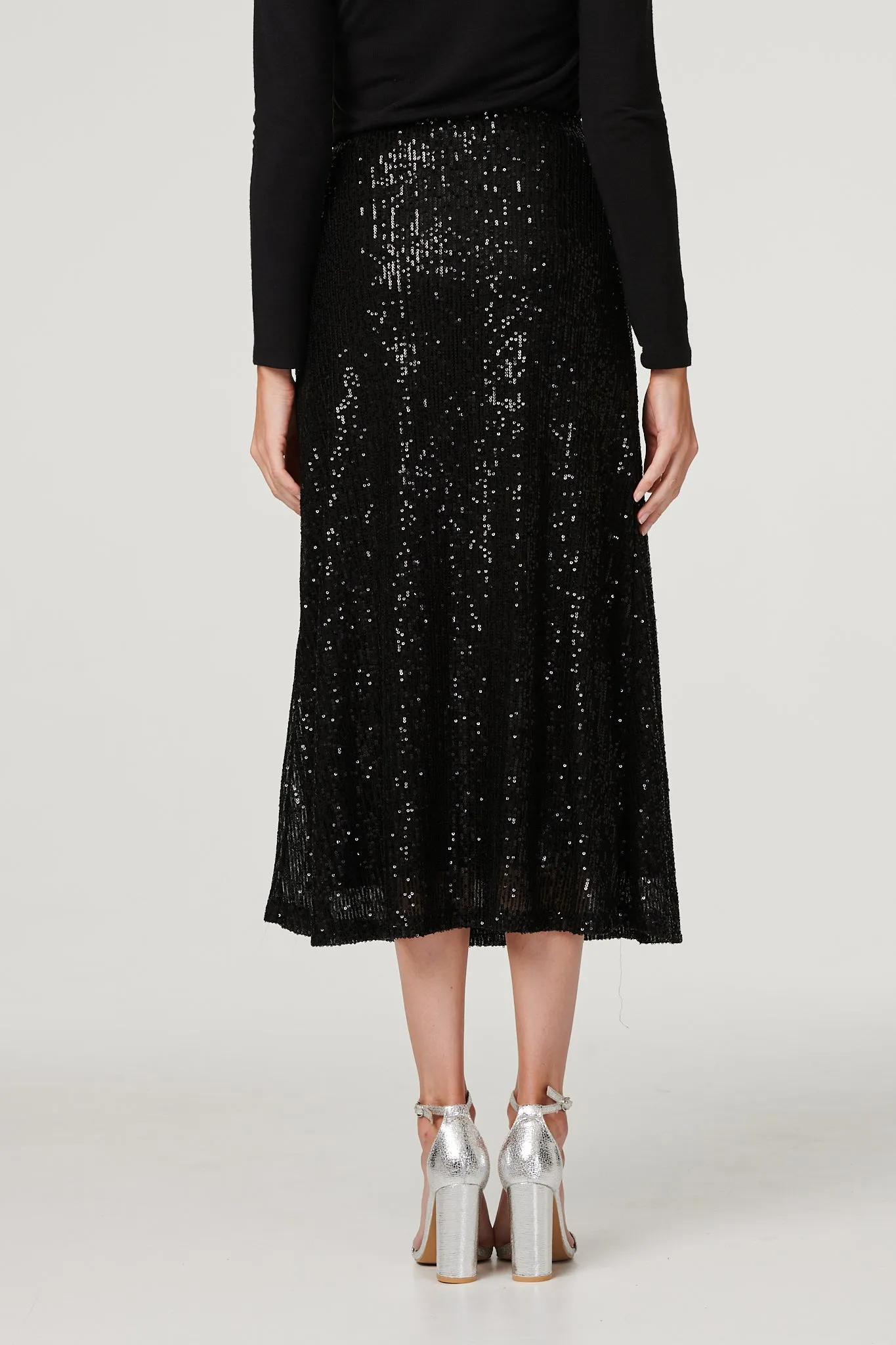 Sequin High Waist Semi Sheer Midi Skirt