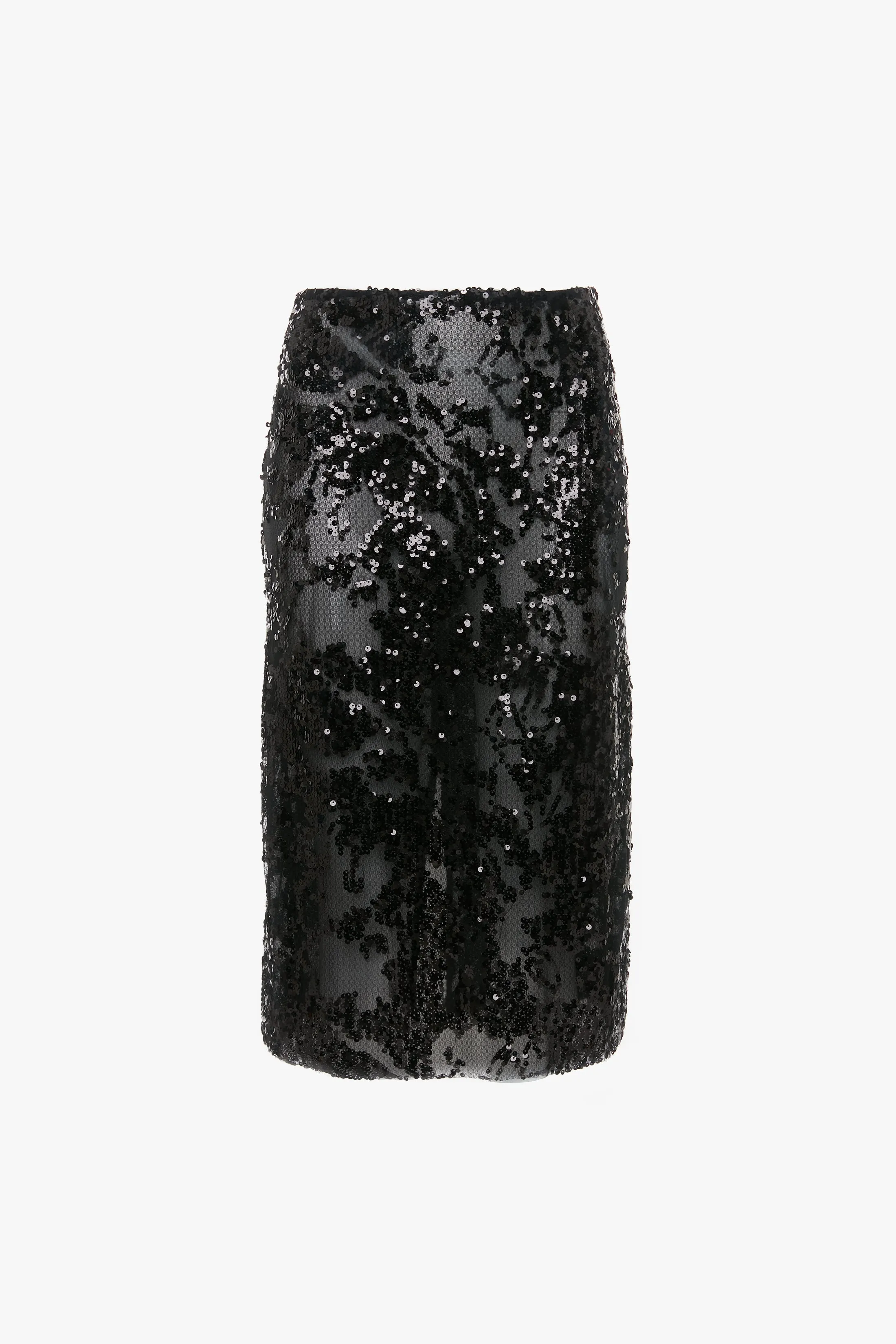 Sheer Sequin Pencil Skirt In Black