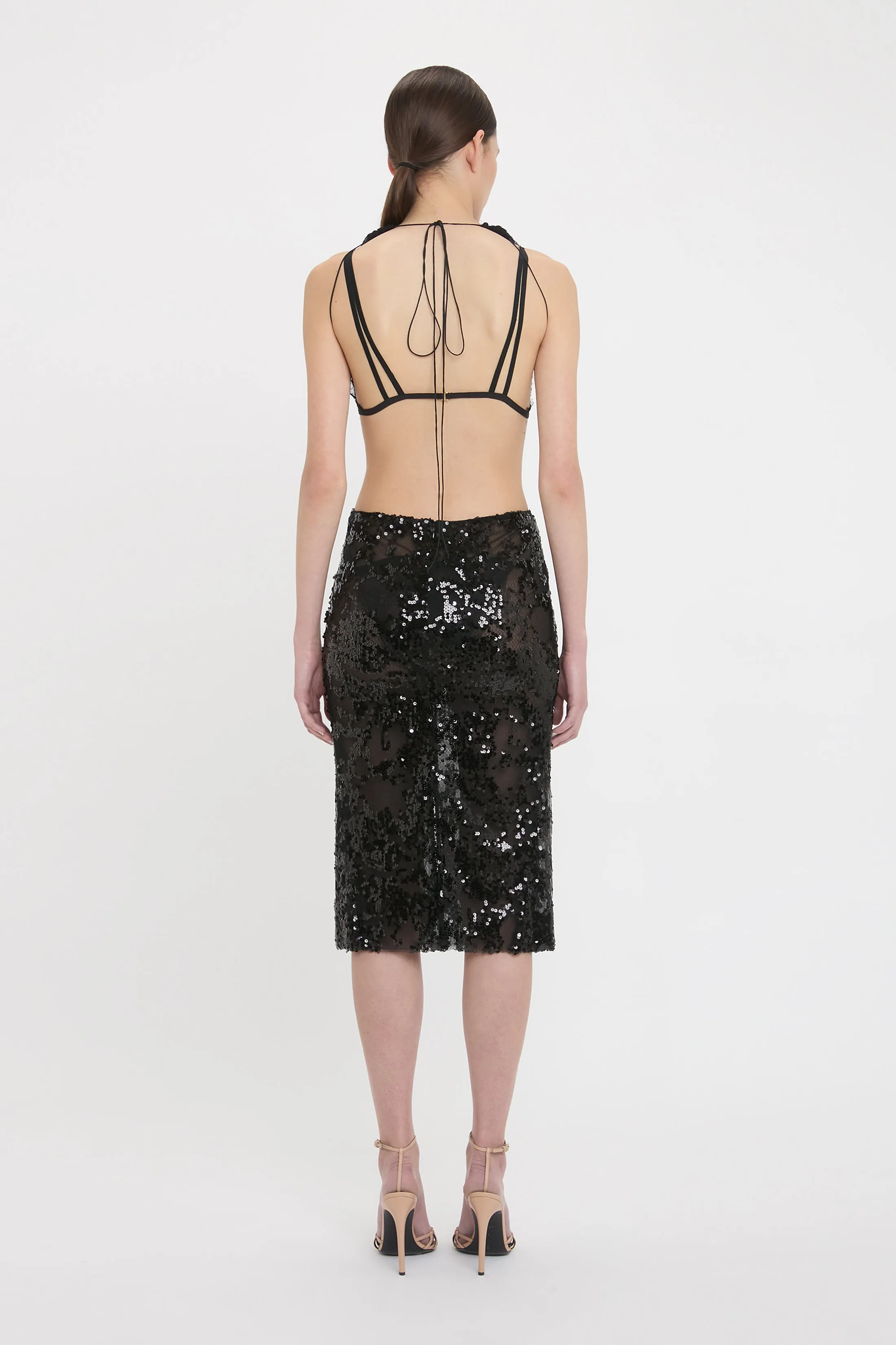 Sheer Sequin Pencil Skirt In Black