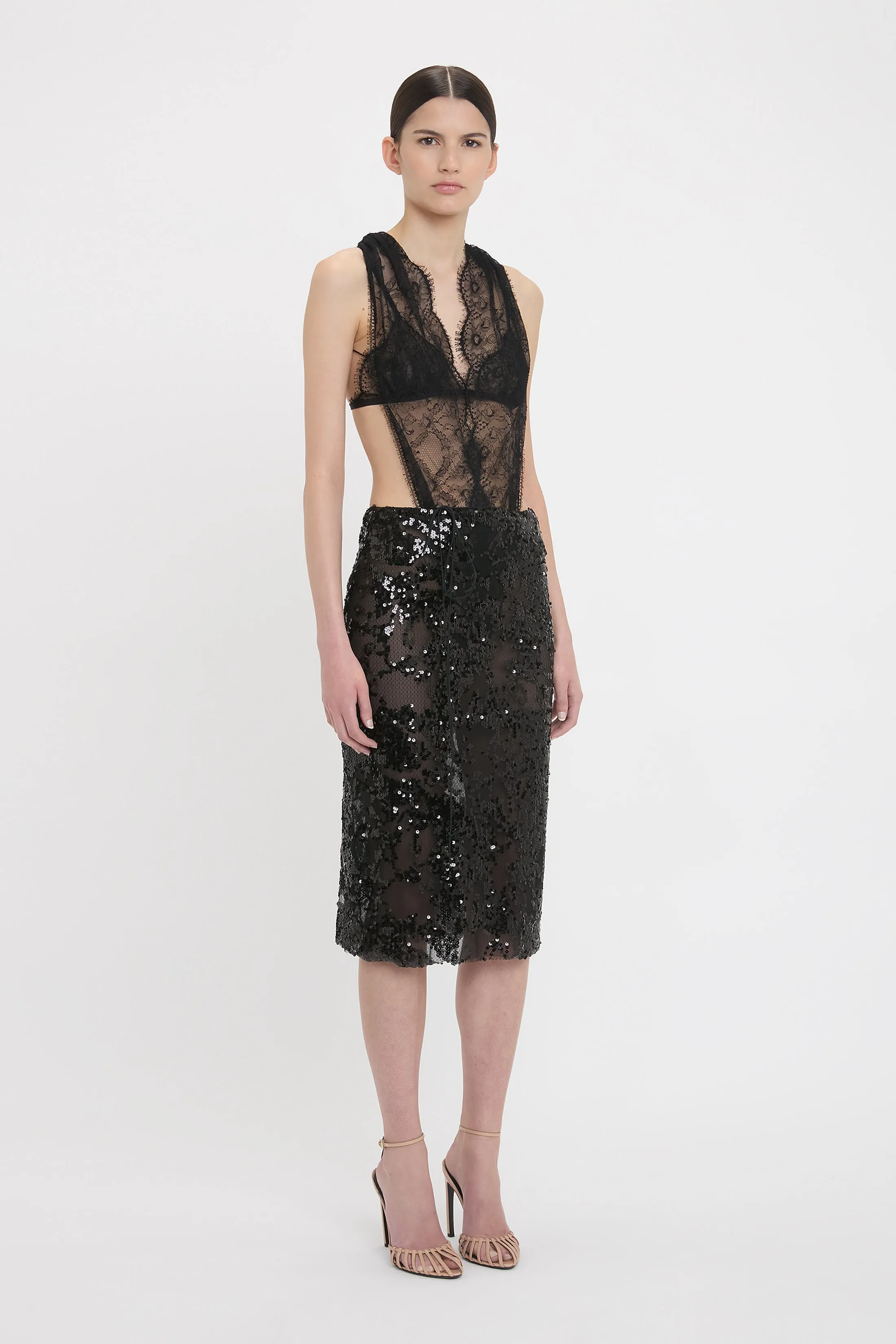 Sheer Sequin Pencil Skirt In Black