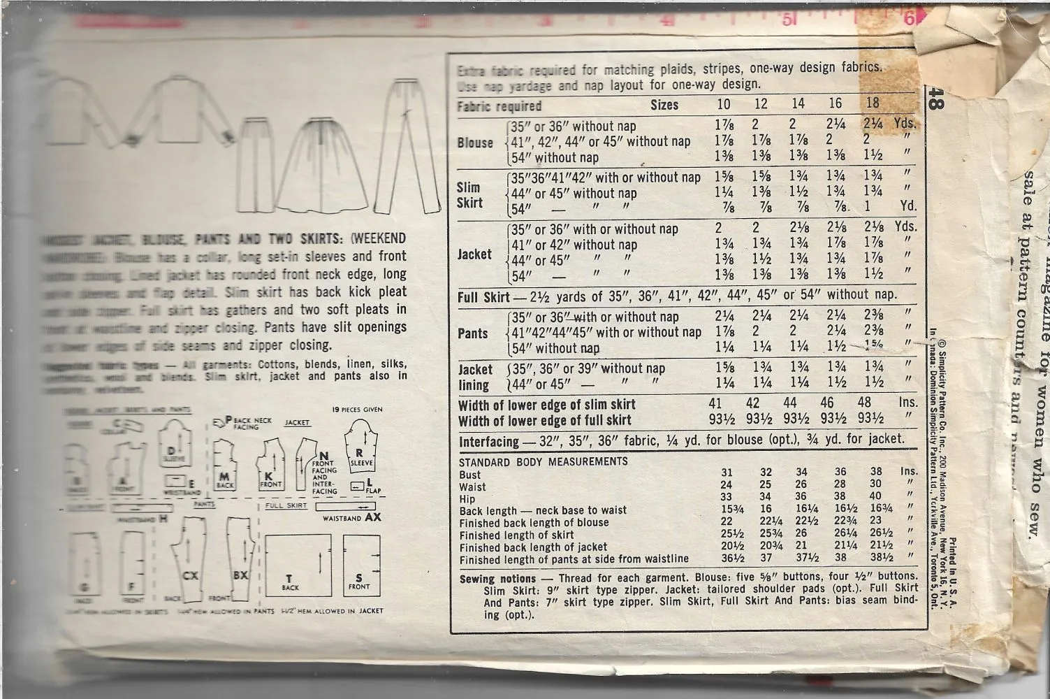 Simplicity 4548 Full Sheath Skirt Blouse Pants Jacket Vintage Sewing Pattern 1960s