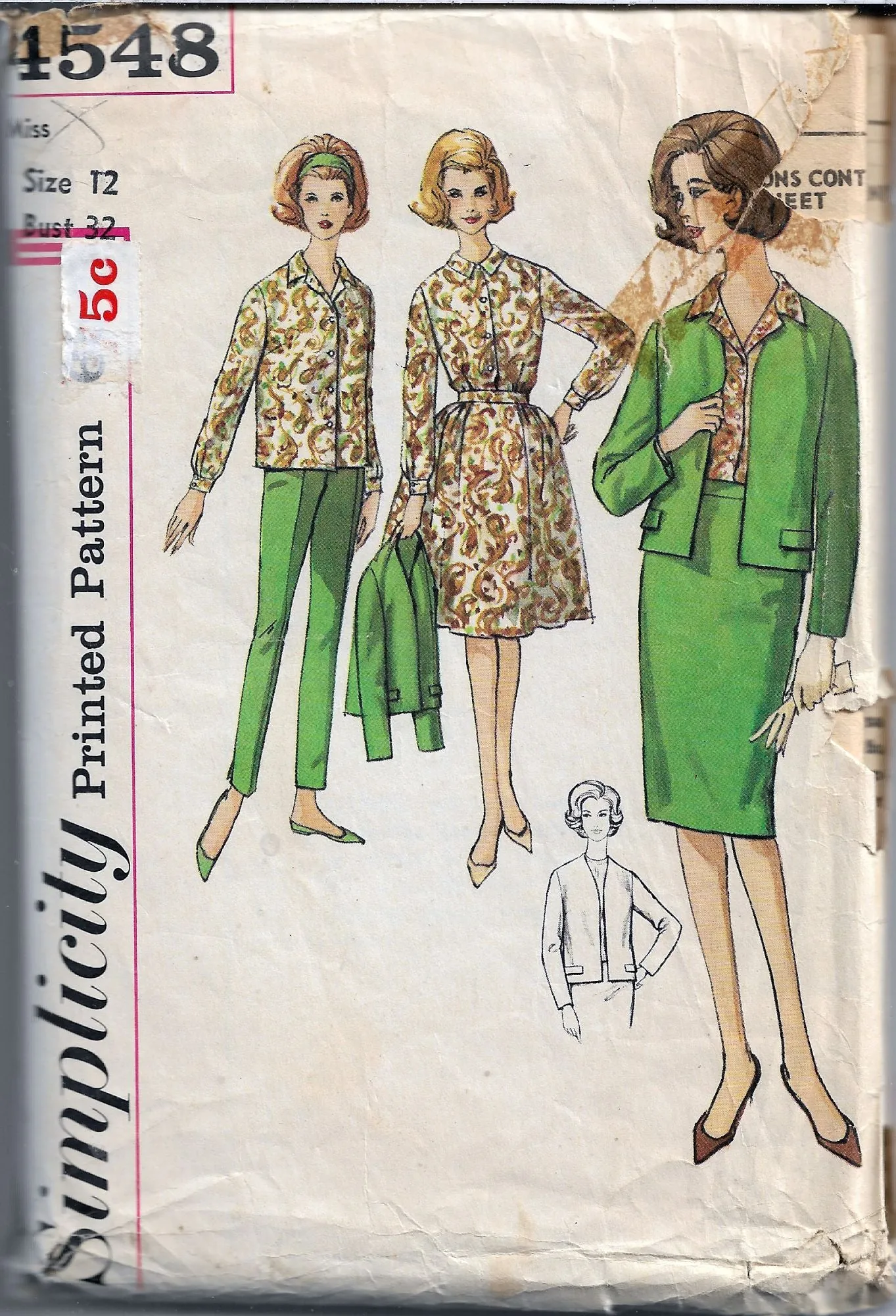 Simplicity 4548 Full Sheath Skirt Blouse Pants Jacket Vintage Sewing Pattern 1960s