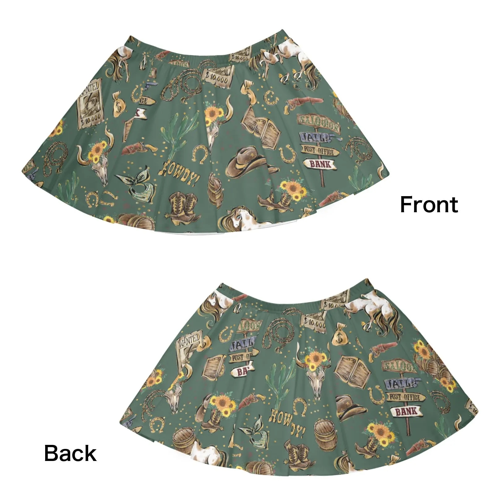 Skater Skirt Howdy Cowboy Green Skater Skirt (Model D69)