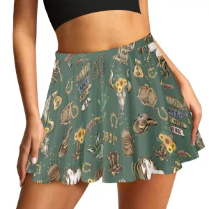 Skater Skirt Howdy Cowboy Green Skater Skirt (Model D69)