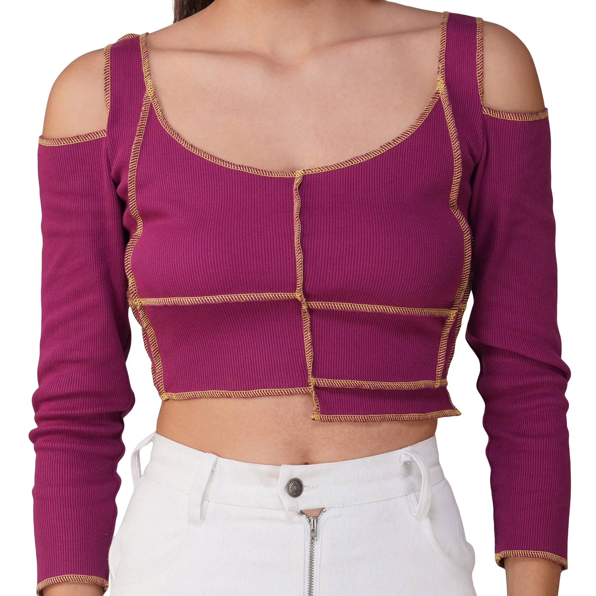 SLAY. Women's Contrast Stitch Pink Cold Shoulder Rib Full Sleeves Top