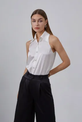 Sleeveless Silky Blouse With Exaggerated Collar Top