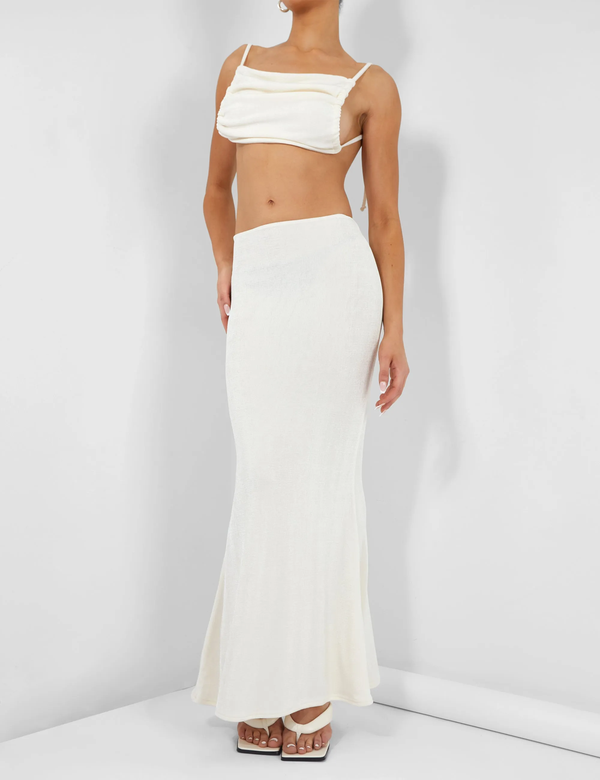 Slinky Ruched Bum Maxi Skirt Ecru