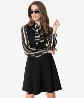 Smak Parlour Black & Ivory Stripe Chiffon Sleeve She.E.O. Fit & Flare Dress