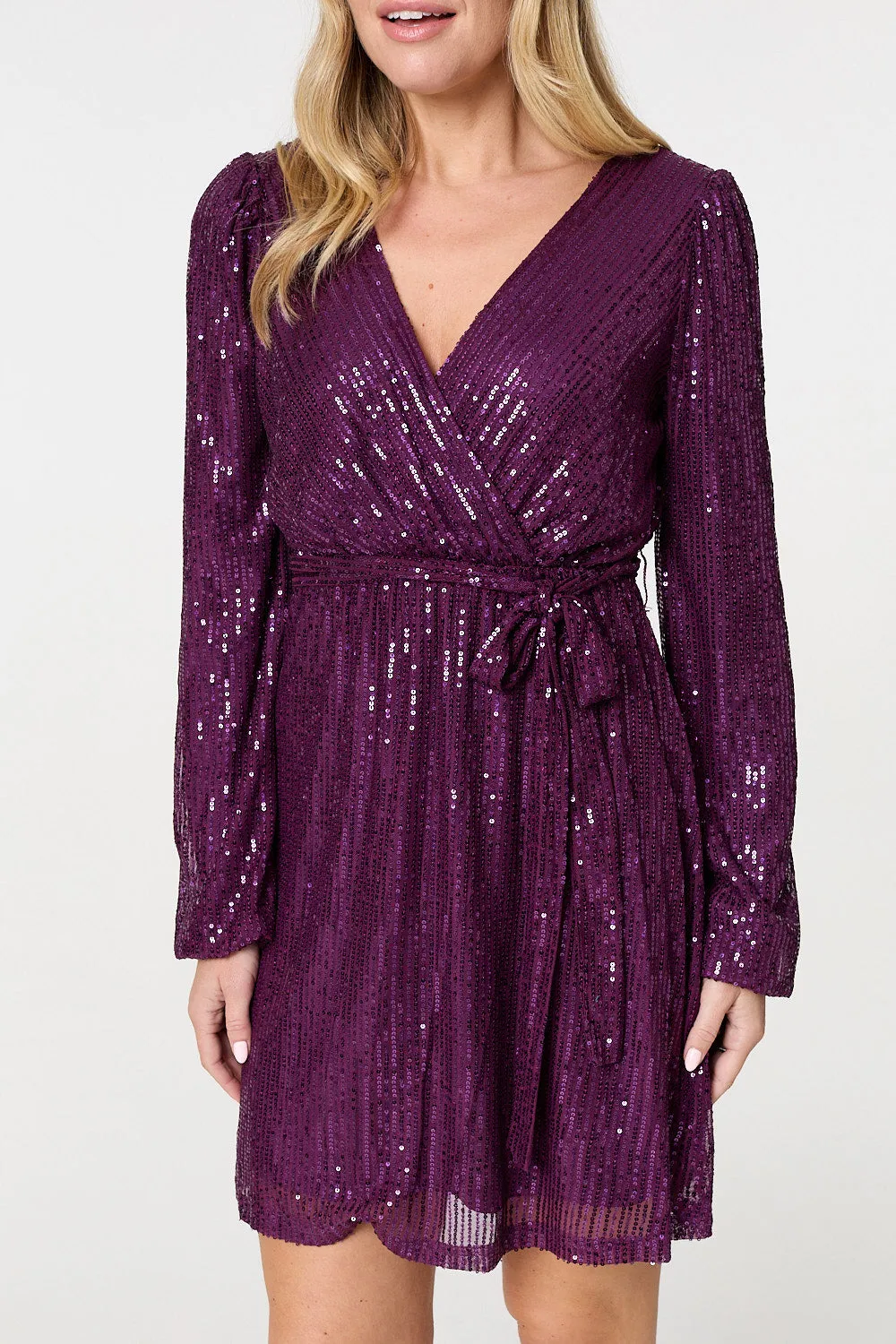 Sparkly Sequin Long Sleeve Mini Wrap Dress