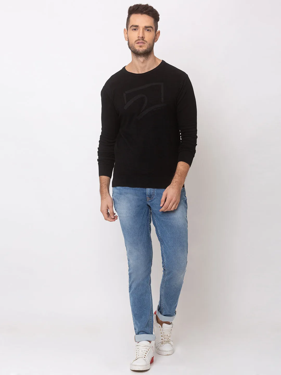 Spykar Men Black Cotton Regular Fit Sweater