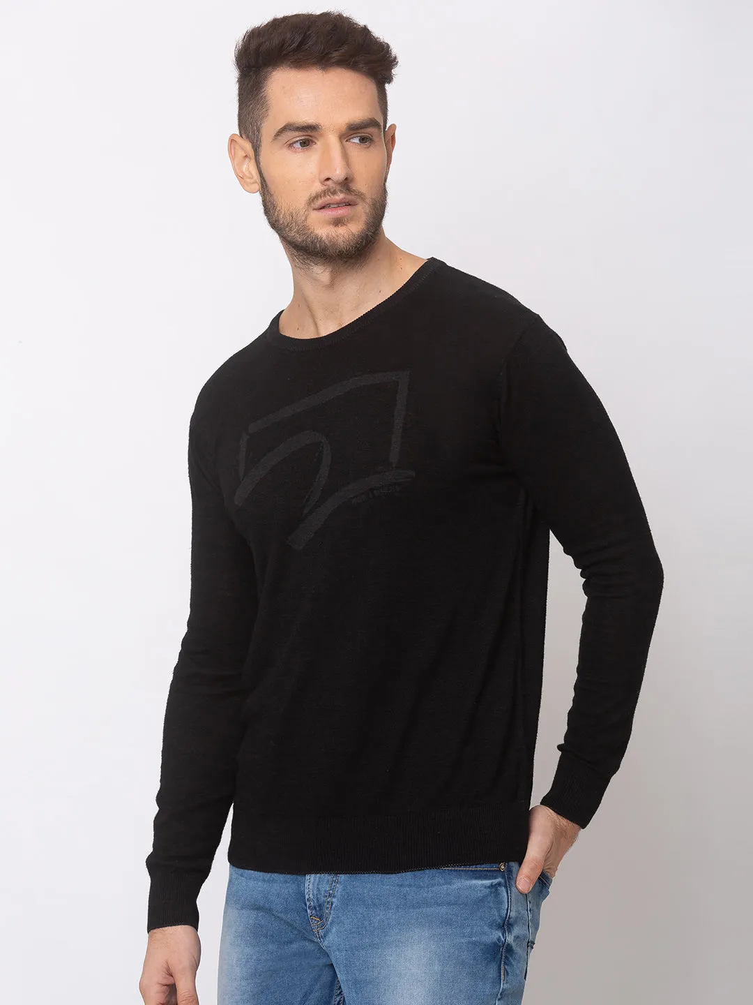 Spykar Men Black Cotton Regular Fit Sweater