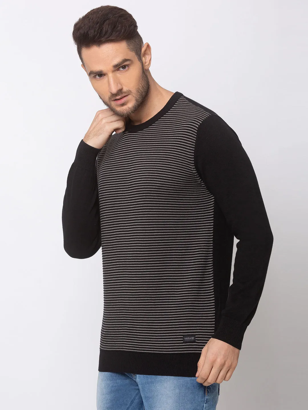 Spykar Men Black Grey Cotton Regular Fit Sweater