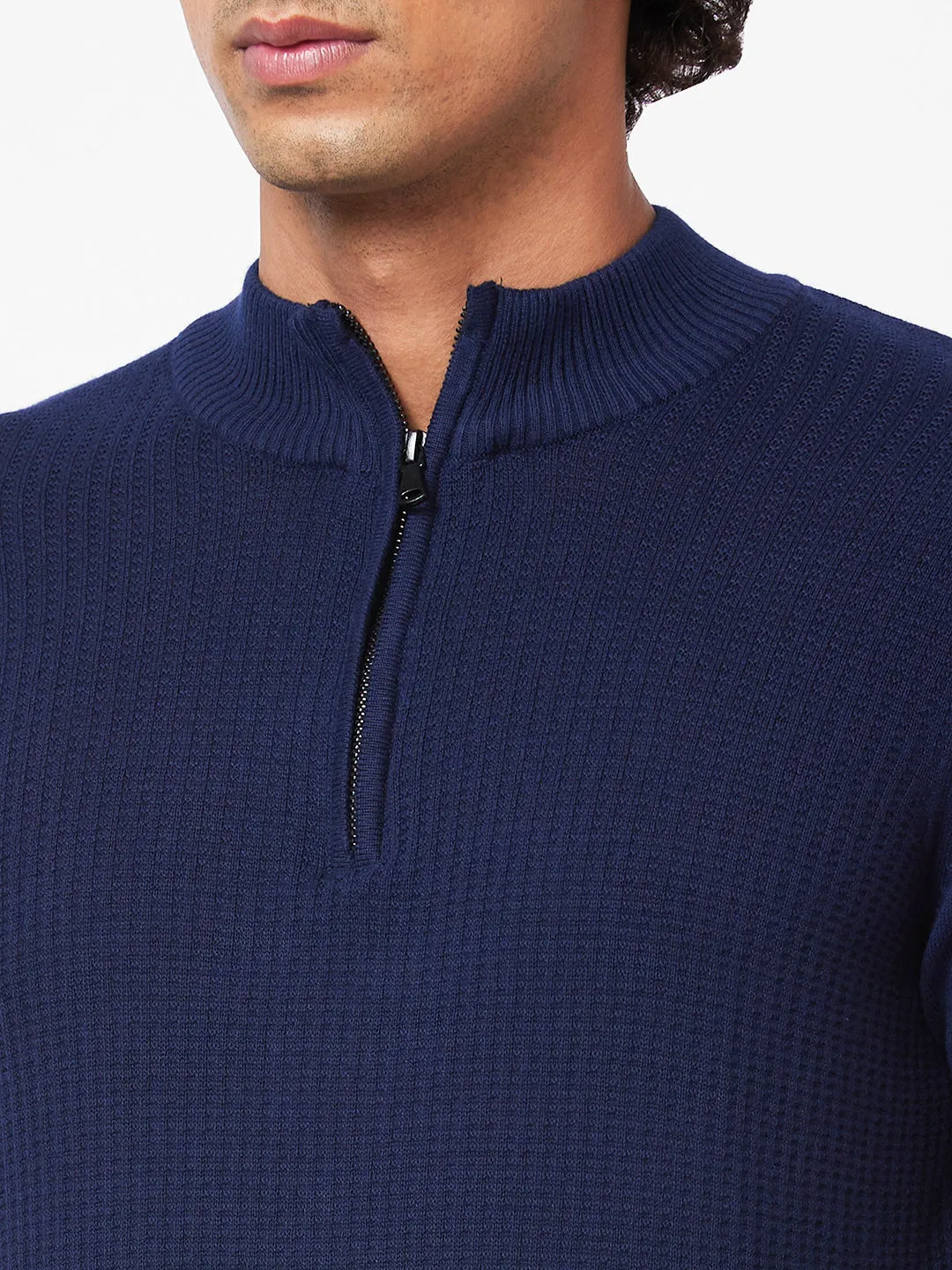 Spykar Polo Collar Full Sleeves Blue Sweater For Men