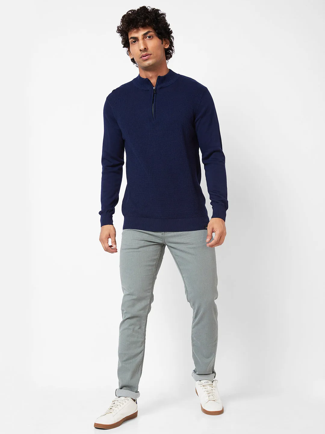 Spykar Polo Collar Full Sleeves Blue Sweater For Men