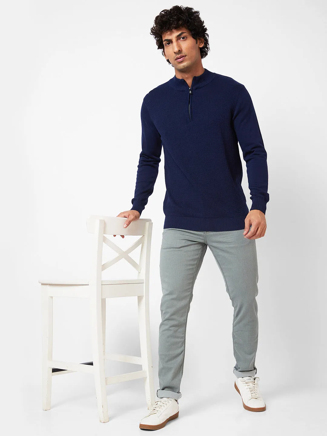 Spykar Polo Collar Full Sleeves Blue Sweater For Men