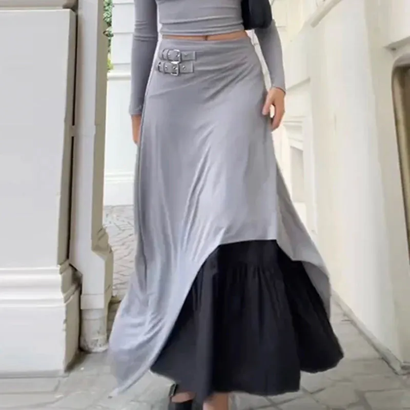 Streetwear Asymmetrical Loose Maxi Skirt Women Buckle Fashion Elegant Clothes Contrast Holidays Party Skirt Long Chic