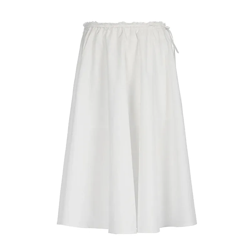 Streetwear White Loose Long Skirt Holidays Casual Lace Trim Tie-Up Summer Skirts Female Korean Chic A-Line Clothing