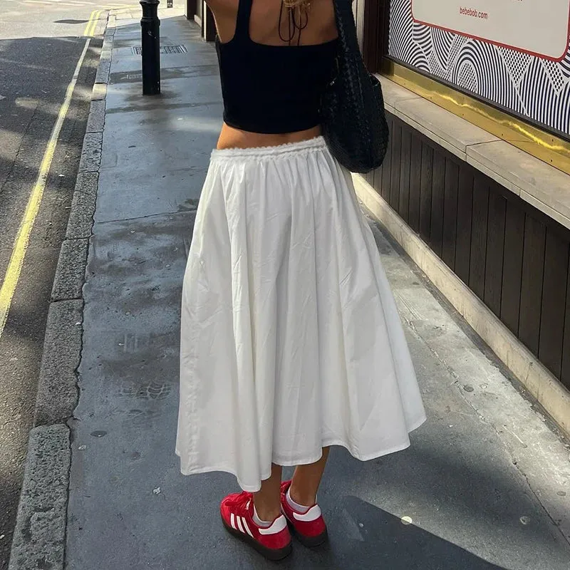 Streetwear White Loose Long Skirt Holidays Casual Lace Trim Tie-Up Summer Skirts Female Korean Chic A-Line Clothing